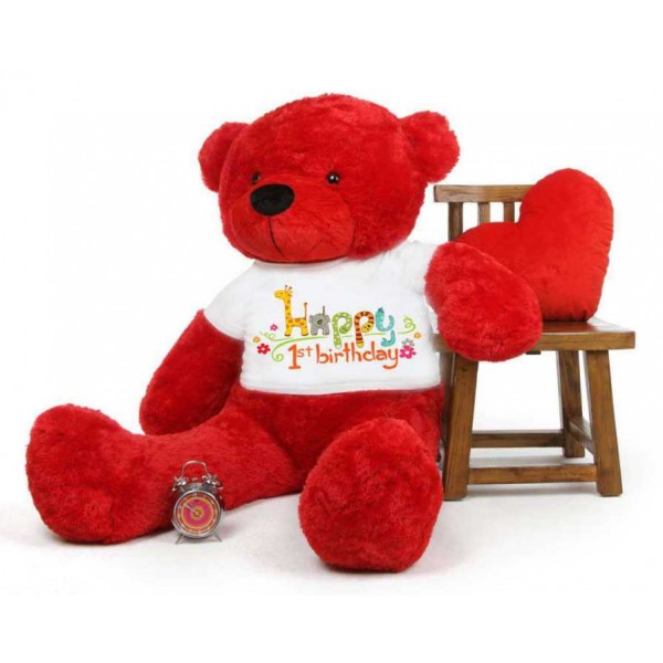 Red 5 feet Big Teddy Bear wearing a First Happy Birthday T-shirt